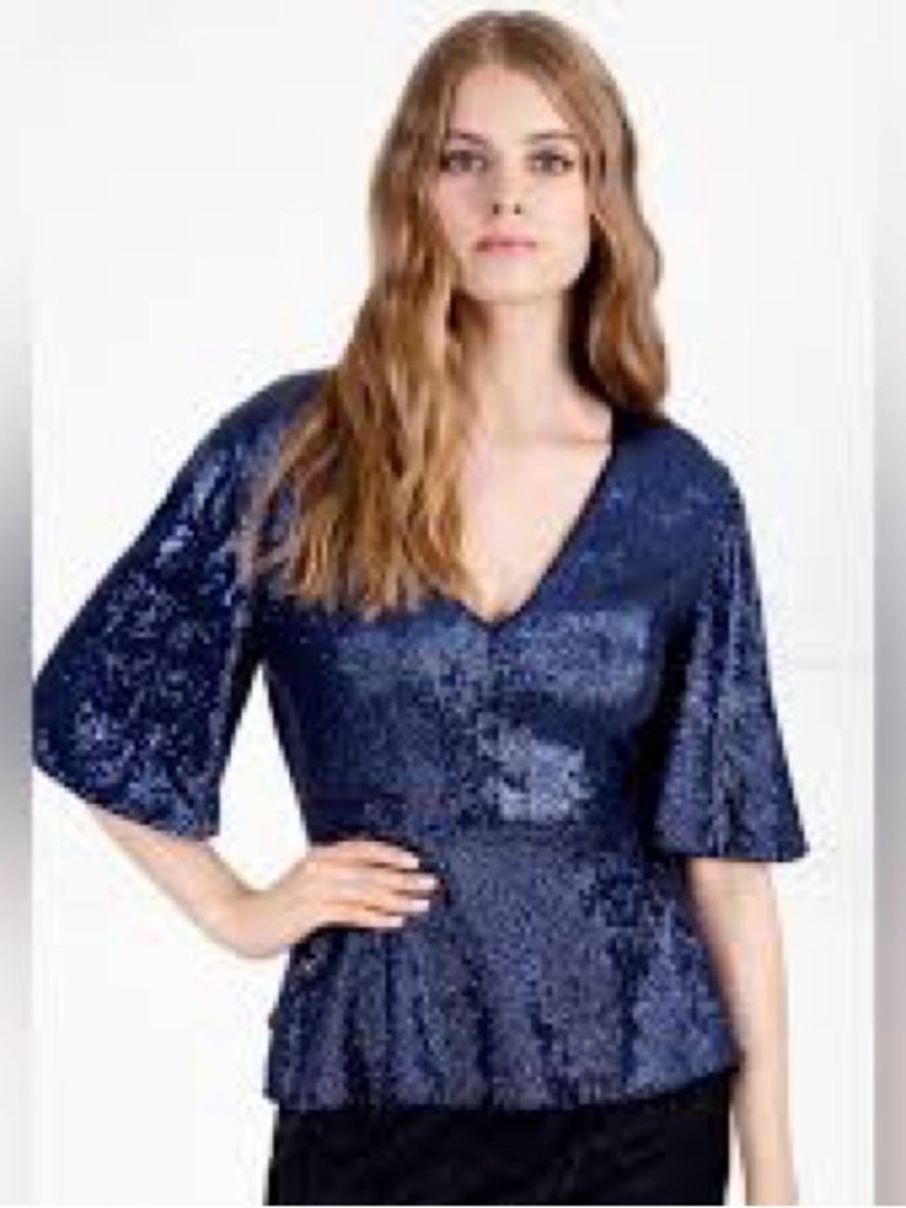Rachel Zoe Navy Sequin V-Neck Peplum Blouse